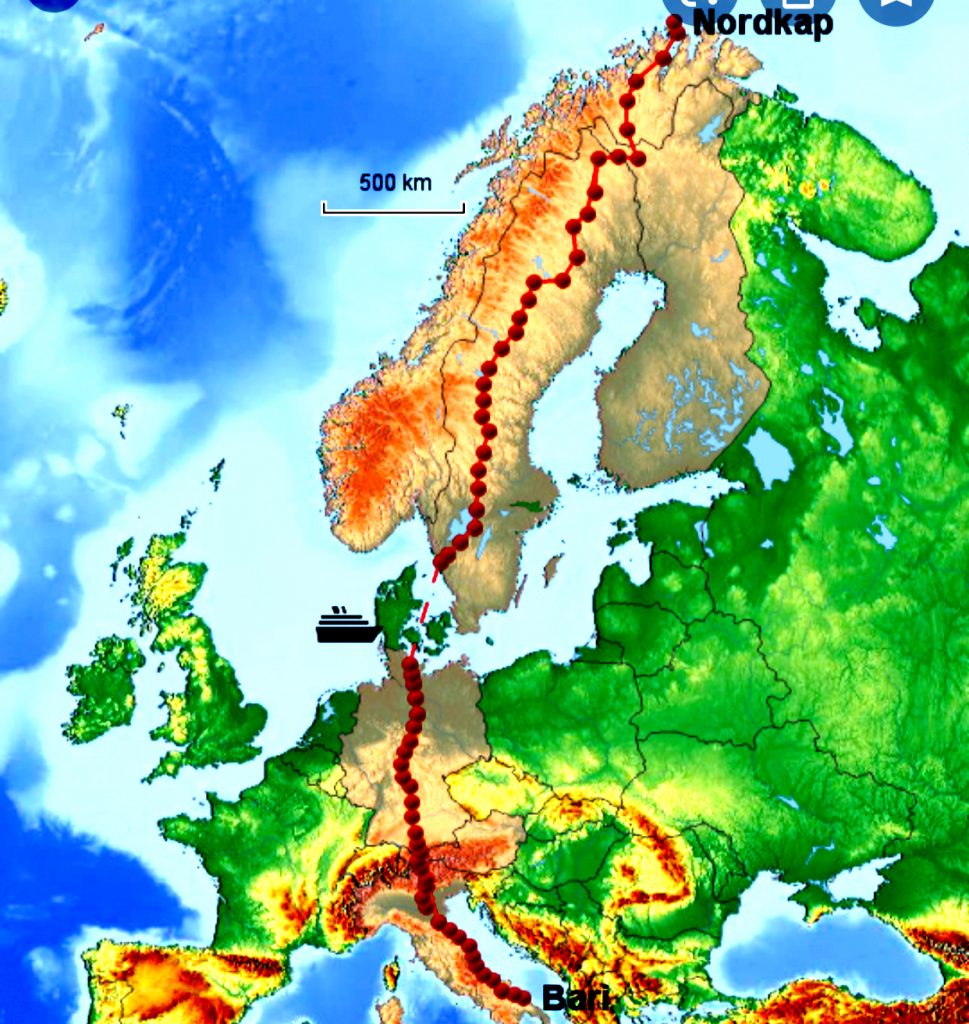 Landkarte Europa, Trail bari Nordkap,