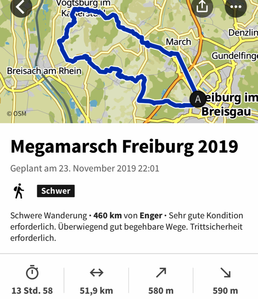 Strecke Planung Megamarsch Freiburg 2019